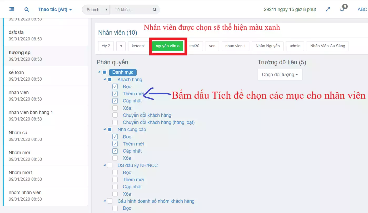 chọn quyền cho nhân viên
