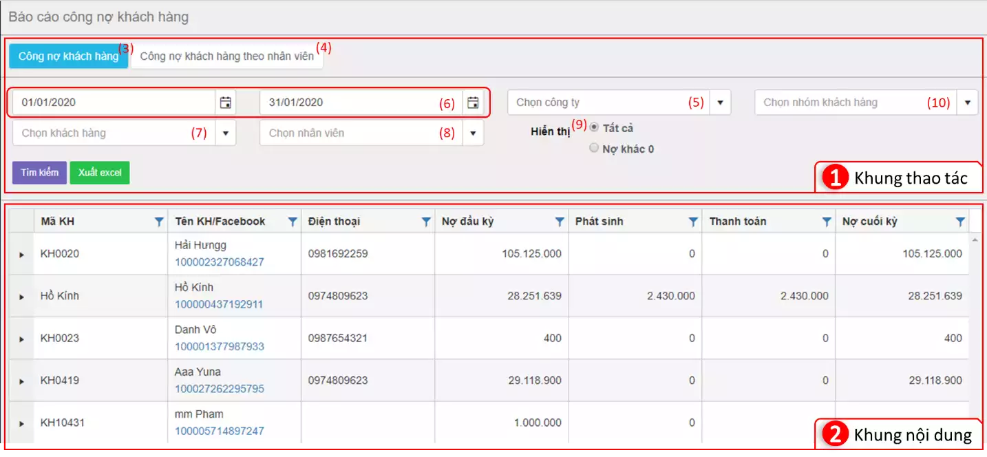 Giao diện Báo cáo công nợ KH