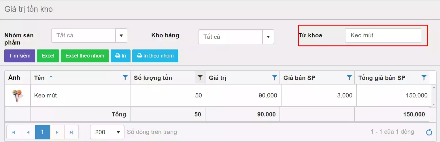 Nhập từ khóa giá tồn kho