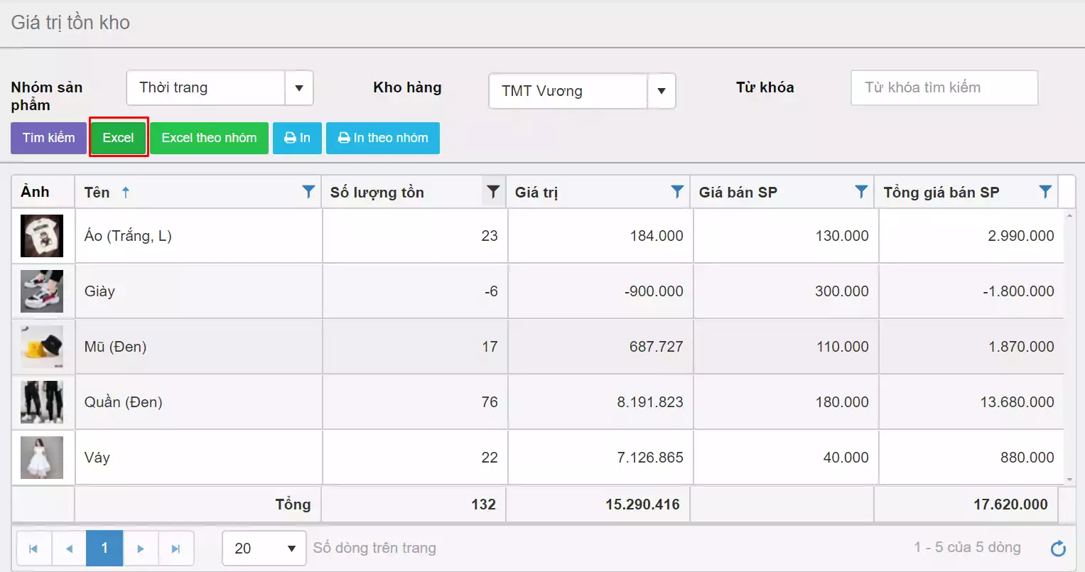 Xuất excel giá trị tồn kho