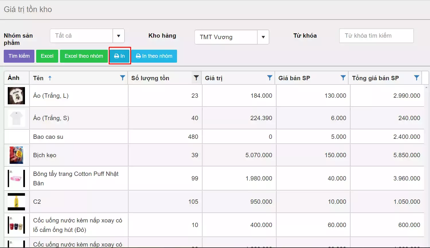 Hỗ trợ in các sản phẩm trong kho ra để đối soát