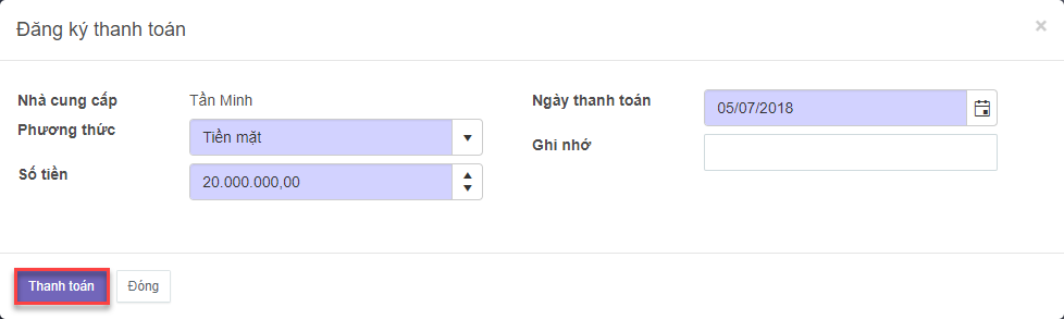 Nhập số tiền đã thanh toán cho nhà cung cấp