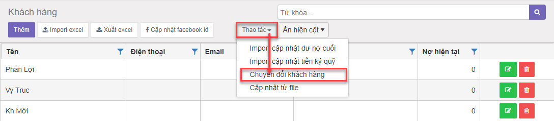 Thao tác chuyển đổi khách hàng