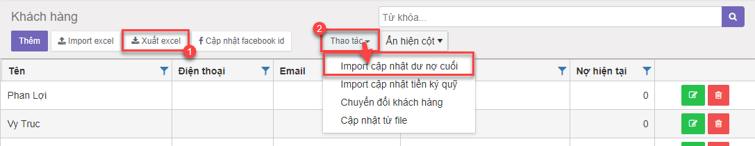 Thao tác cập nhật dư nợ cuối/ký quỹ của khách hàng