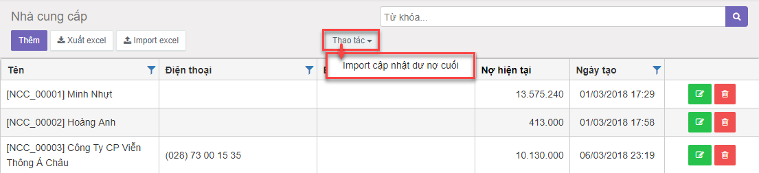 Thao tác cập nhật dư nợ cuối