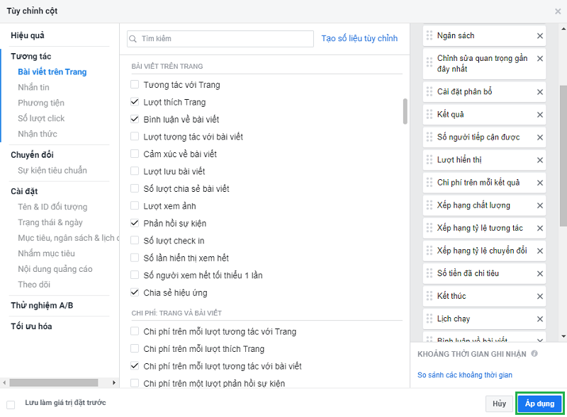 chọn vào nội dung mà bạn muốn hiển thị trong báo cáo