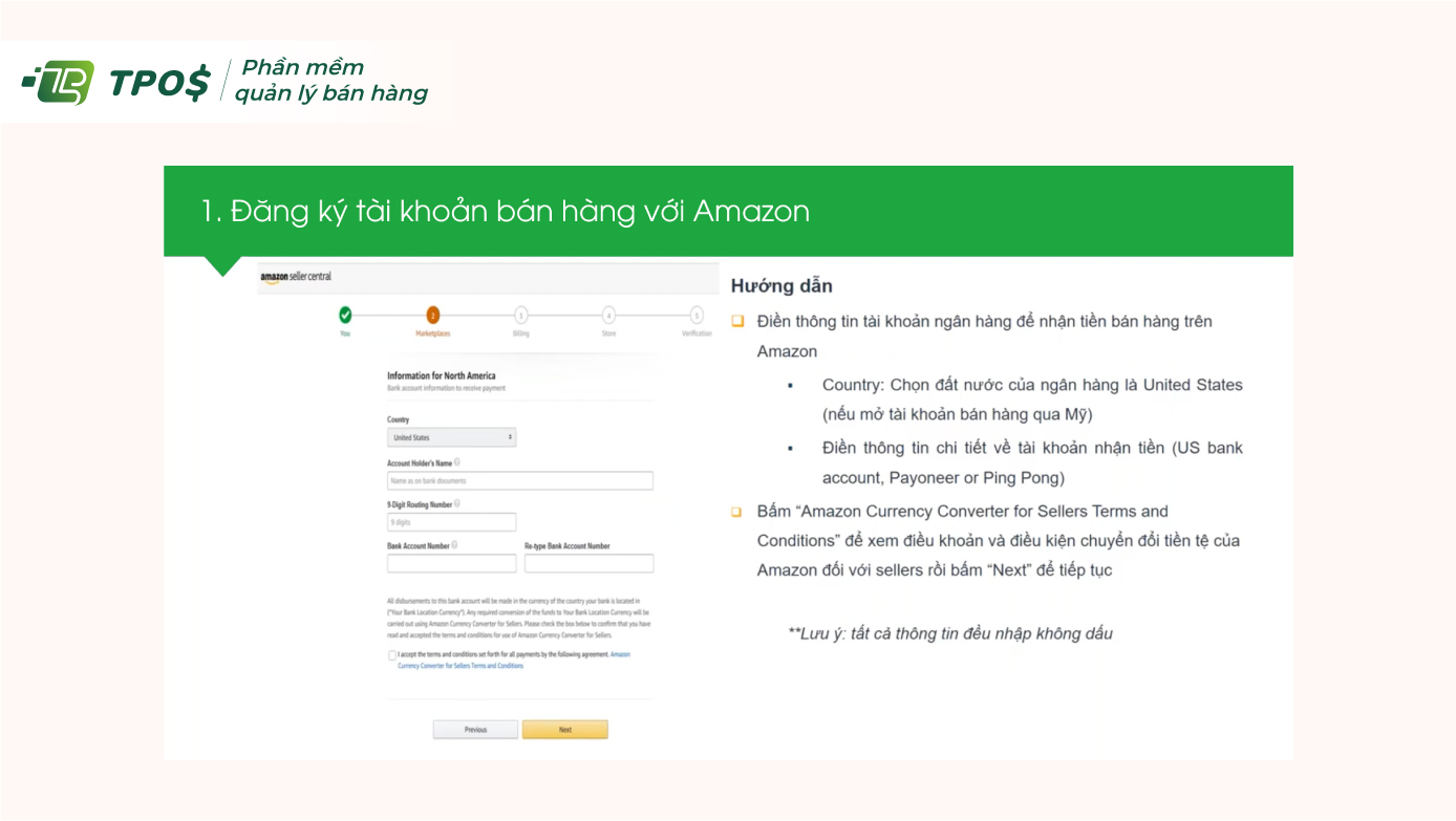 Điền thông tin tài khoản ngân hàng để nhận tiền bán hàng trên Amazon