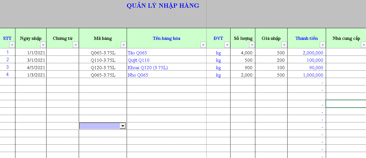 Quản lý nhập - xuất - tồn kho bằng excel