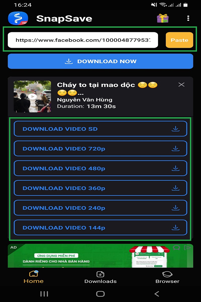 chọn chất lượng video mà bạn muốn tải về