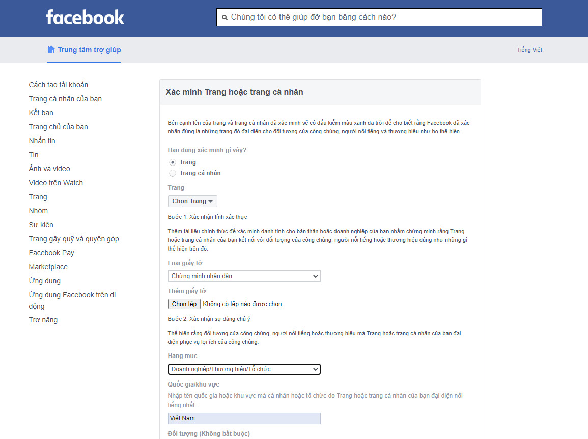 đăng ký thông tin để có tích xanh facebook