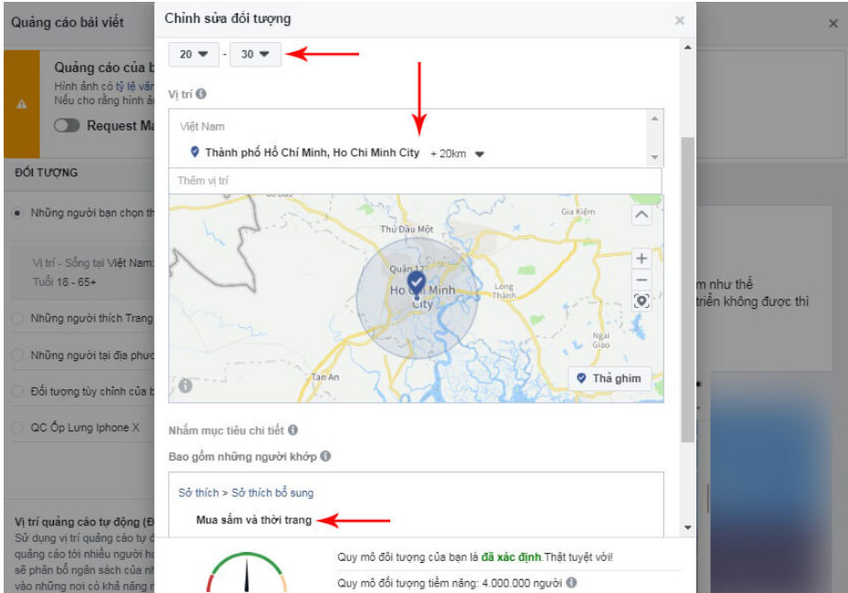 chỉnh sửa đối tượng chạy quảng cáo livestream