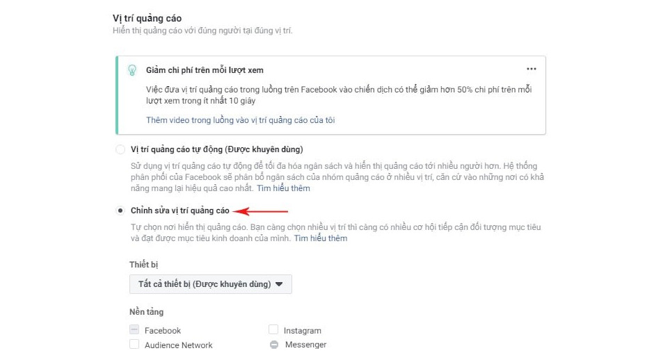 chỉnh sửa vị trí quảng cáo livestream