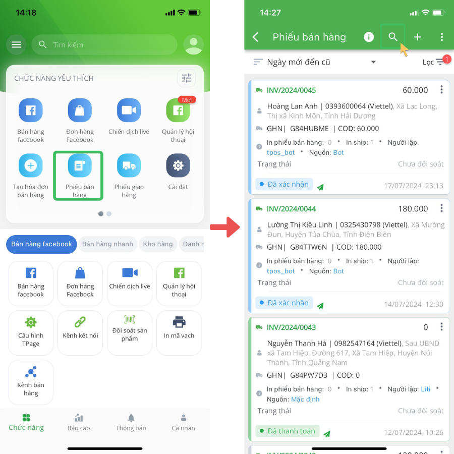 Tra cứu đơn hàng GHN trên app TPOS